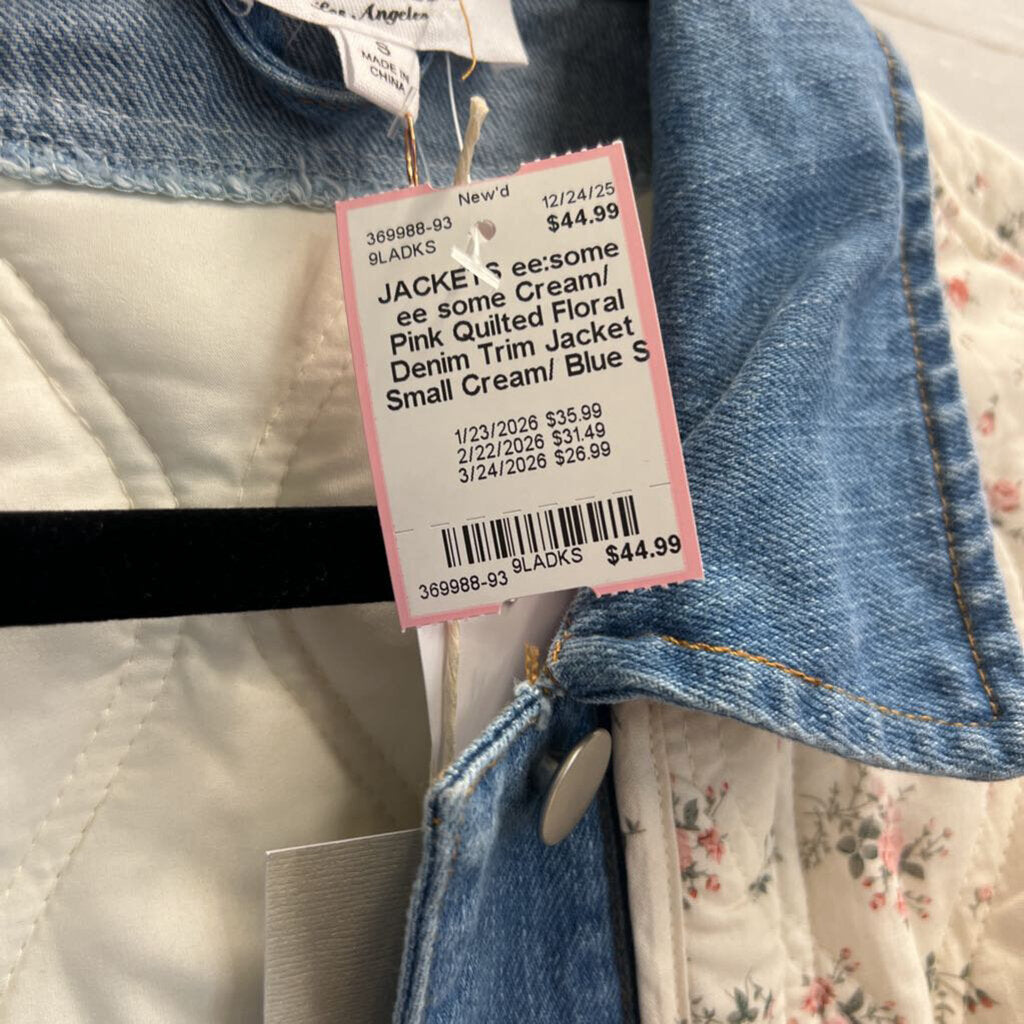 ee some Cream/ Pink Quilted Floral Denim Trim Jacket Small