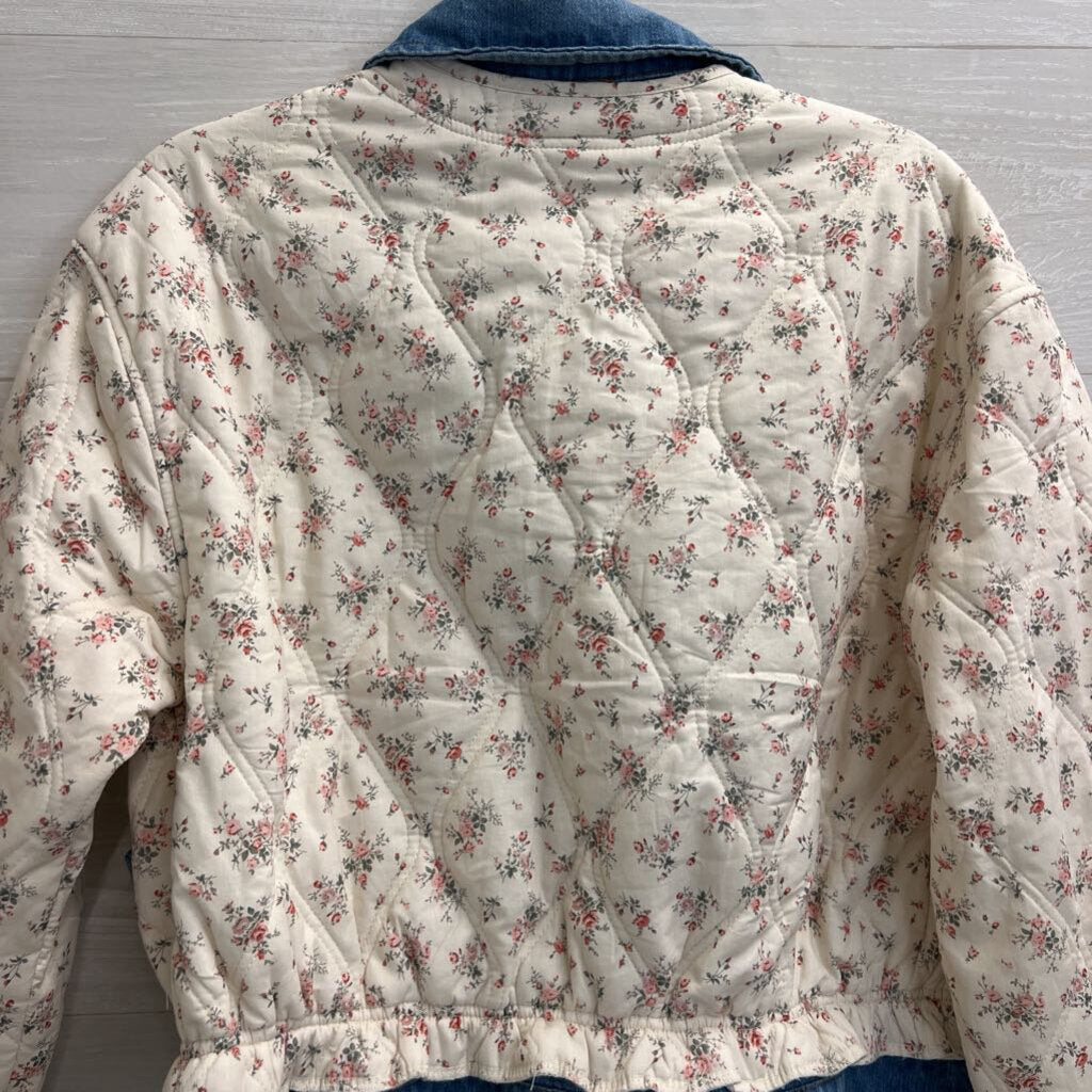 ee some Cream/ Pink Quilted Floral Denim Trim Jacket Small