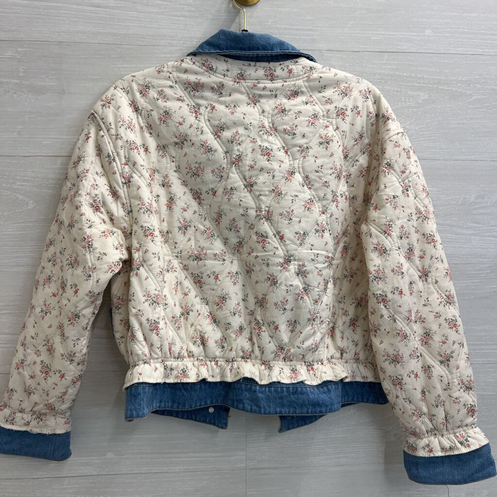 ee some Cream/ Pink Quilted Floral Denim Trim Jacket Small