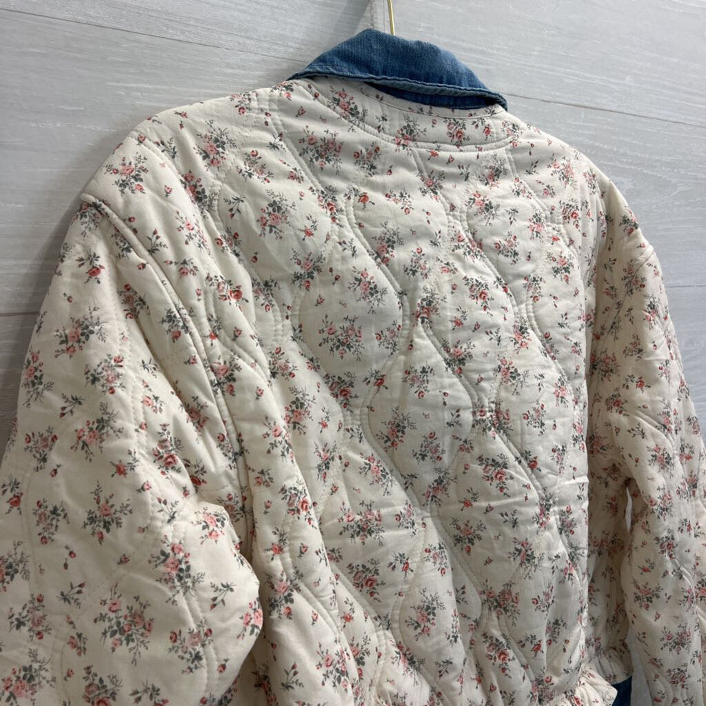 ee some Cream/ Pink Quilted Floral Denim Trim Jacket Small