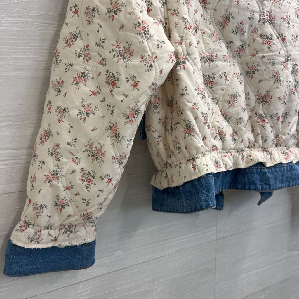 ee some Cream/ Pink Quilted Floral Denim Trim Jacket Small