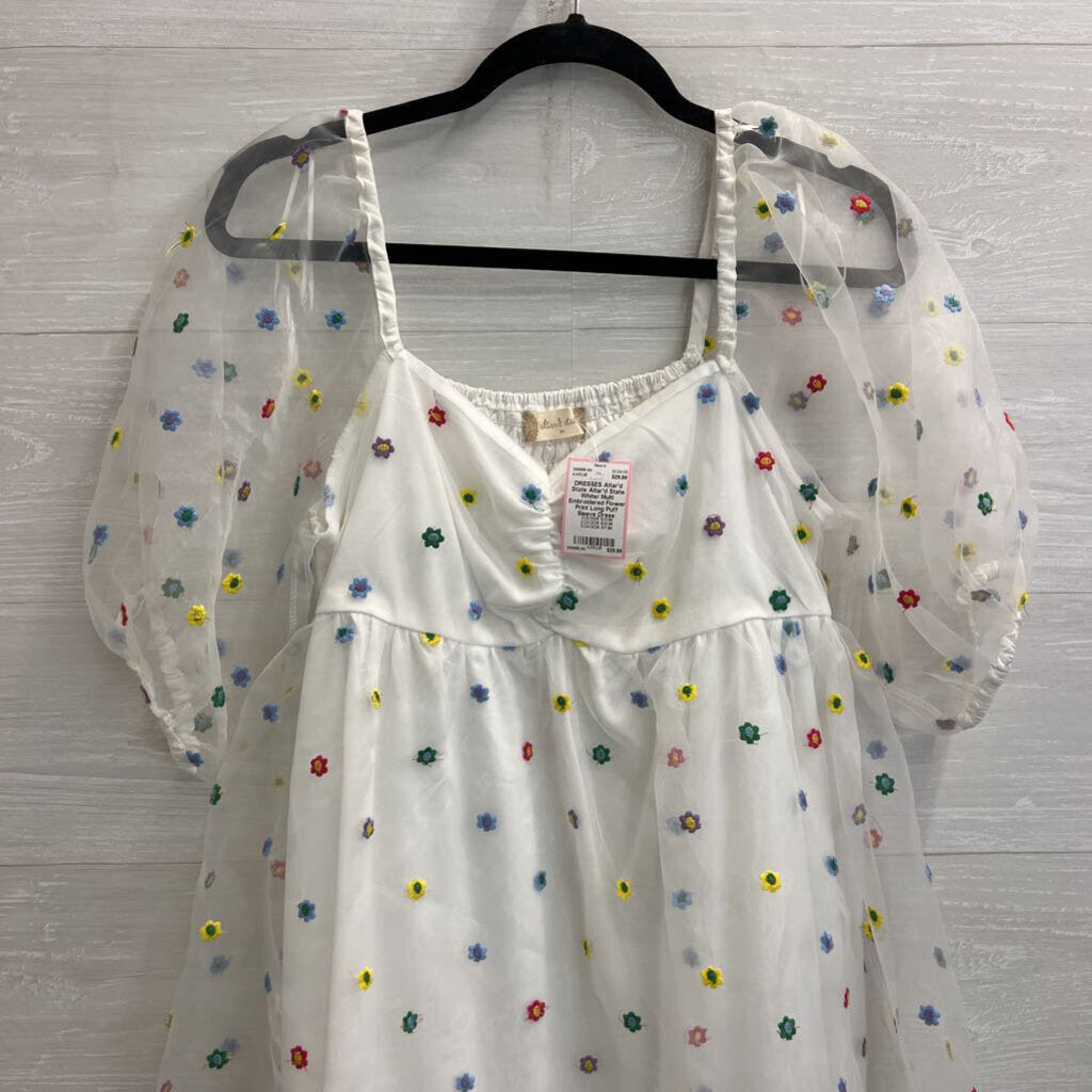 Altar'd State White/ Multi Embroidered Flower Print Long Puff Sleeve Dress Medium