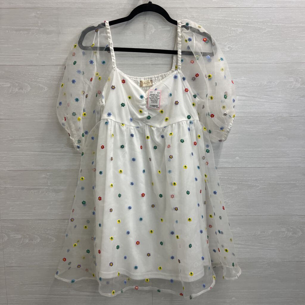 Altar'd State White/ Multi Embroidered Flower Print Long Puff Sleeve Dress Medium