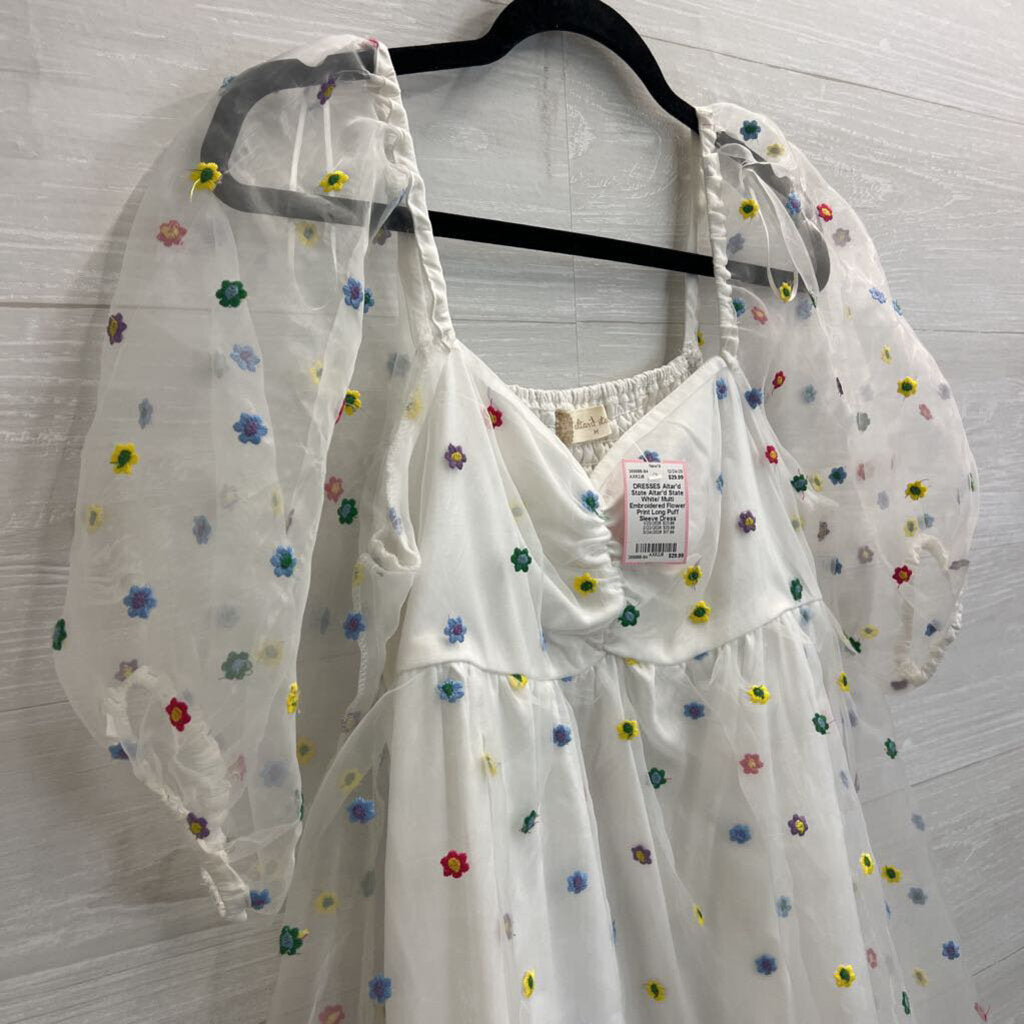 Altar'd State White/ Multi Embroidered Flower Print Long Puff Sleeve Dress Medium