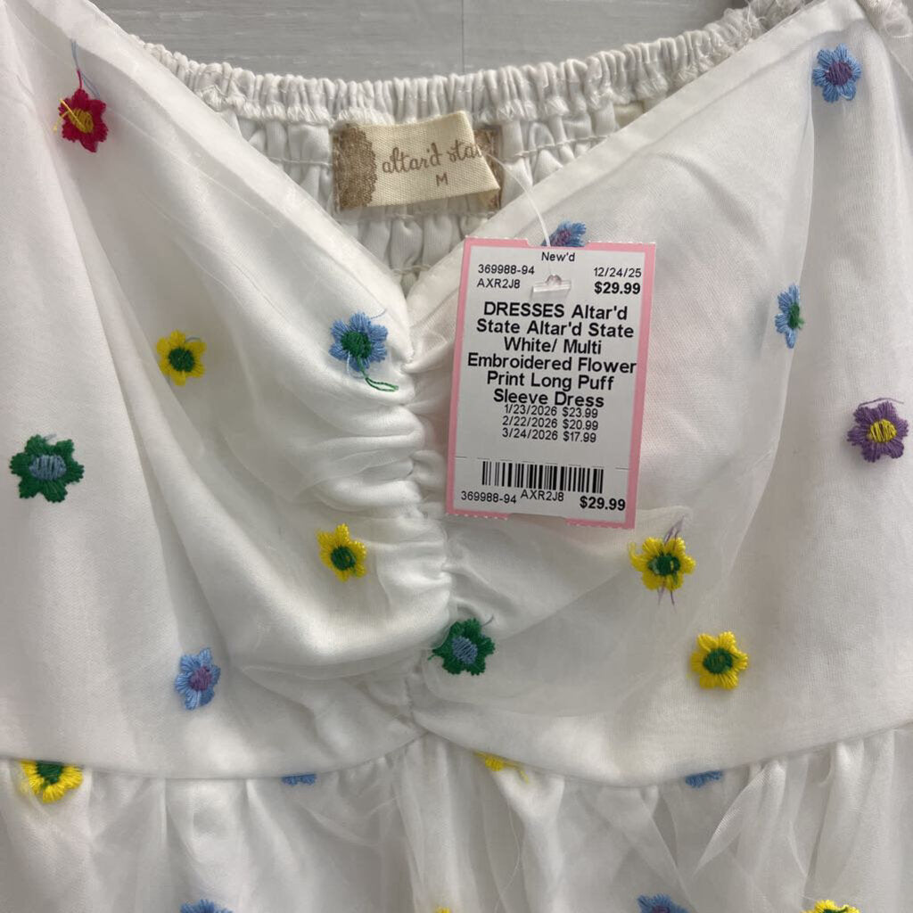 Altar'd State White/ Multi Embroidered Flower Print Long Puff Sleeve Dress Medium