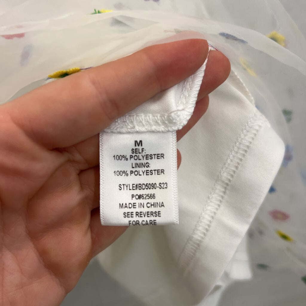 Altar'd State White/ Multi Embroidered Flower Print Long Puff Sleeve Dress Medium