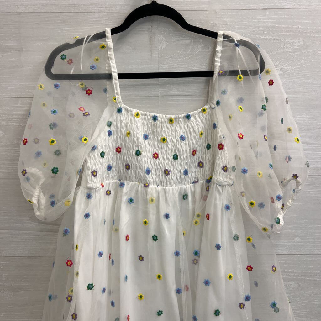 Altar'd State White/ Multi Embroidered Flower Print Long Puff Sleeve Dress Medium