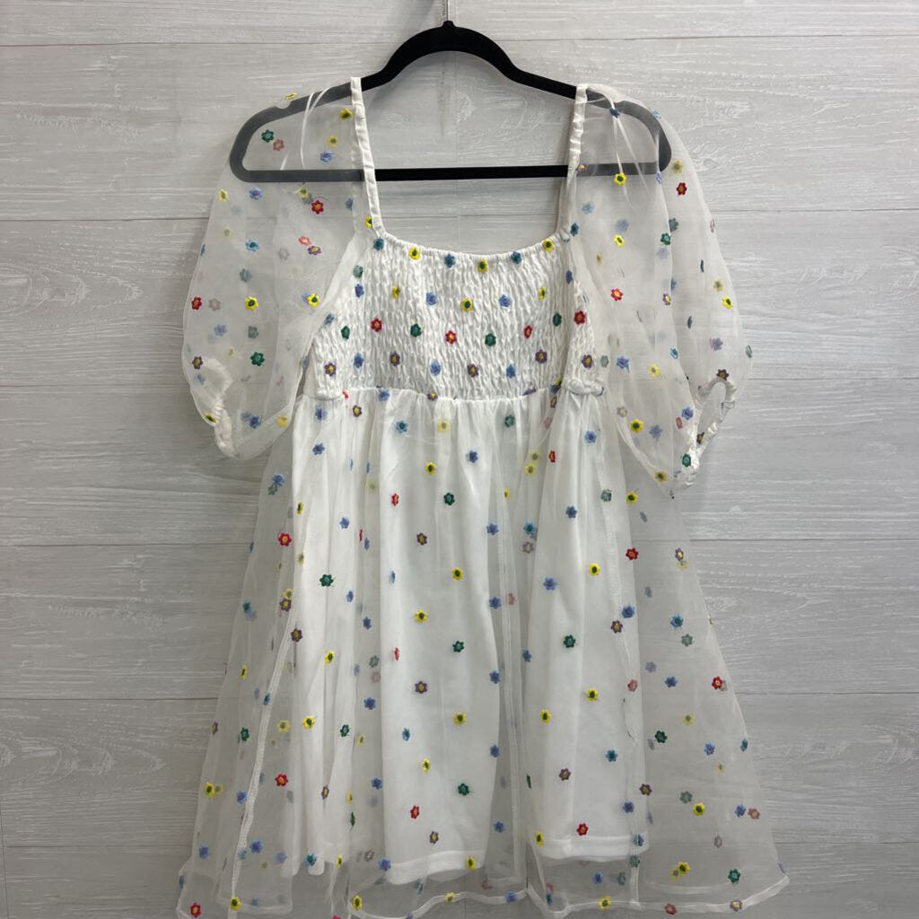 Altar'd State White/ Multi Embroidered Flower Print Long Puff Sleeve Dress Medium