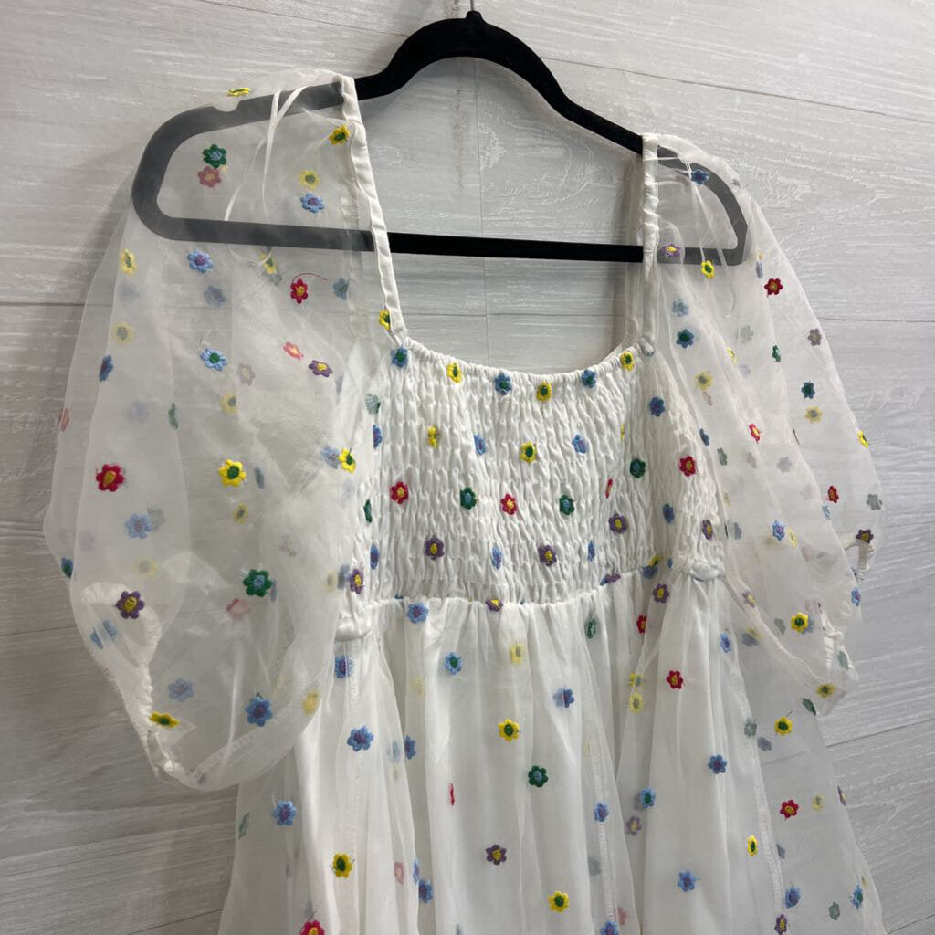 Altar'd State White/ Multi Embroidered Flower Print Long Puff Sleeve Dress Medium