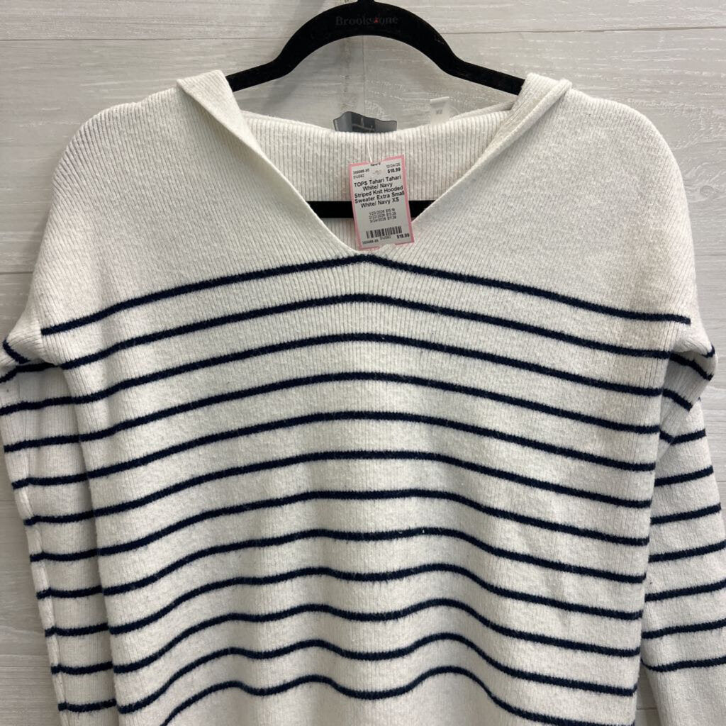 Tahari White/ Navy Striped Knit Hooded Sweater Extra Small