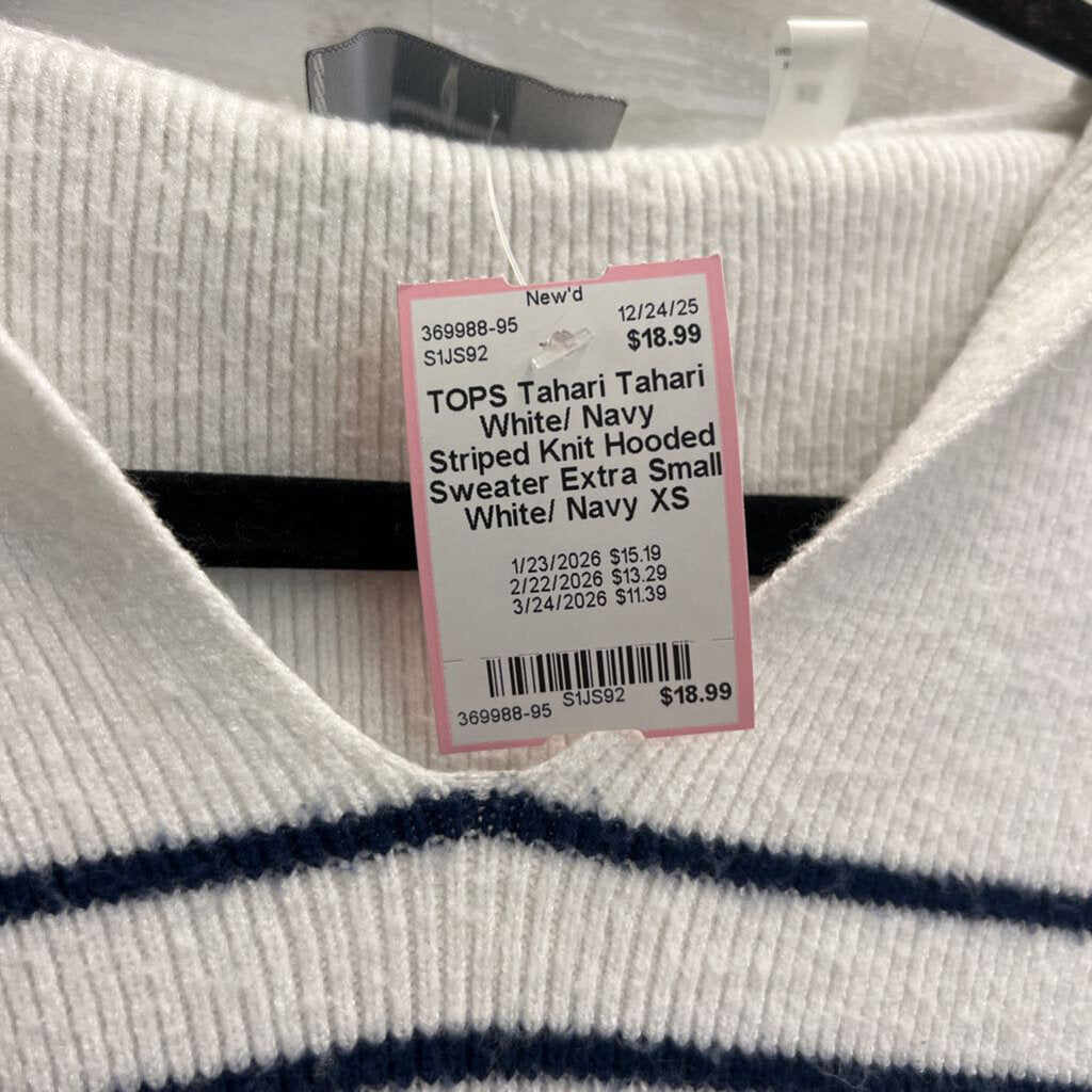 Tahari White/ Navy Striped Knit Hooded Sweater Extra Small