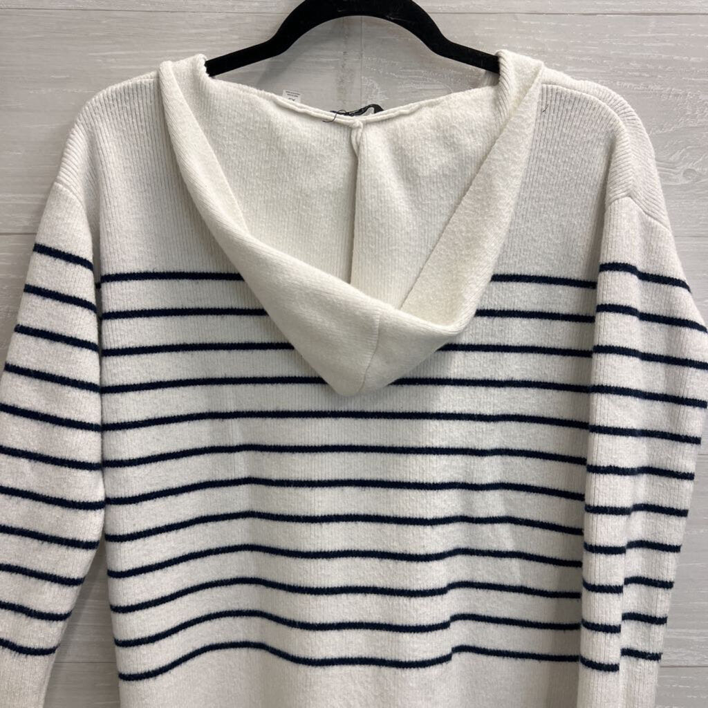 Tahari White/ Navy Striped Knit Hooded Sweater Extra Small