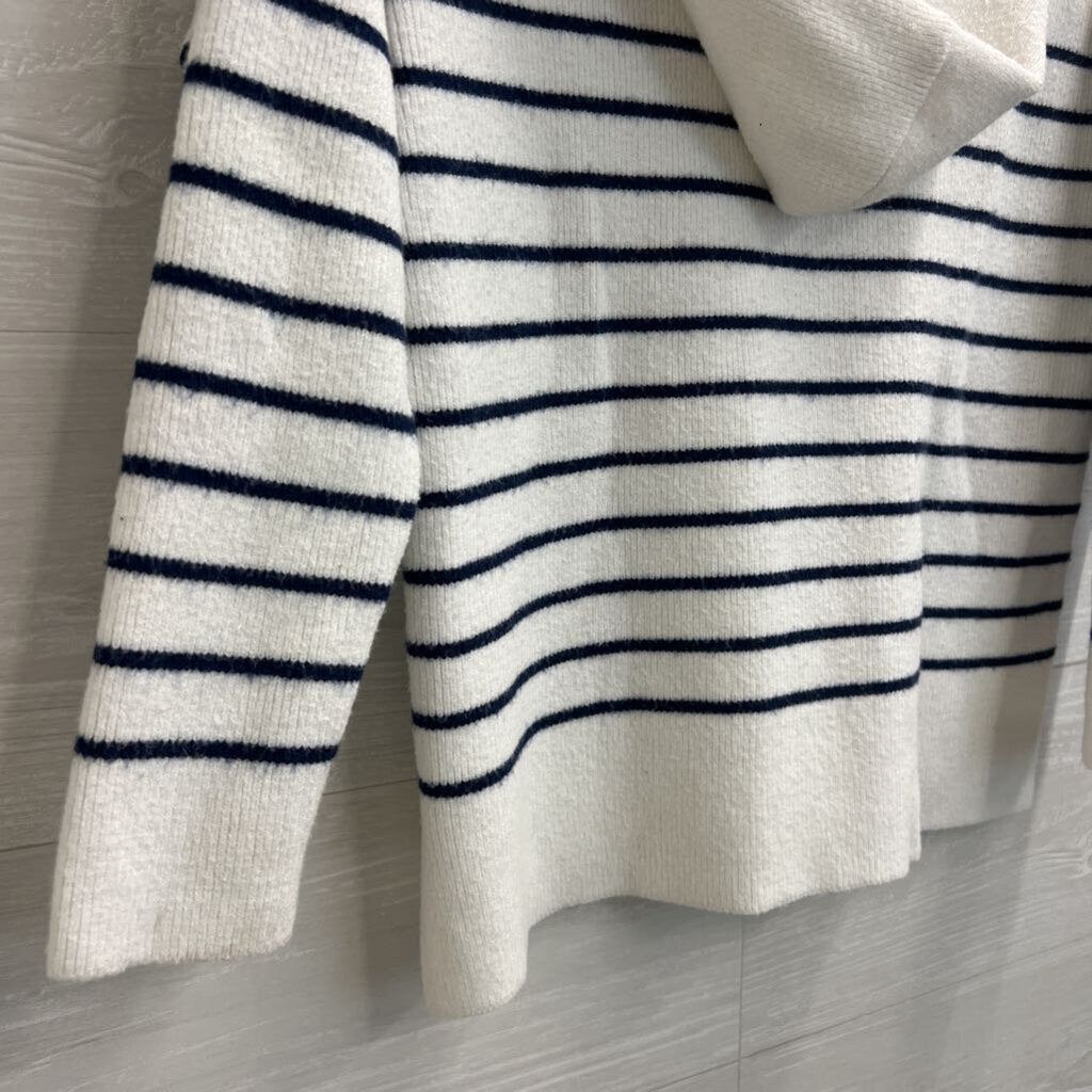 Tahari White/ Navy Striped Knit Hooded Sweater Extra Small
