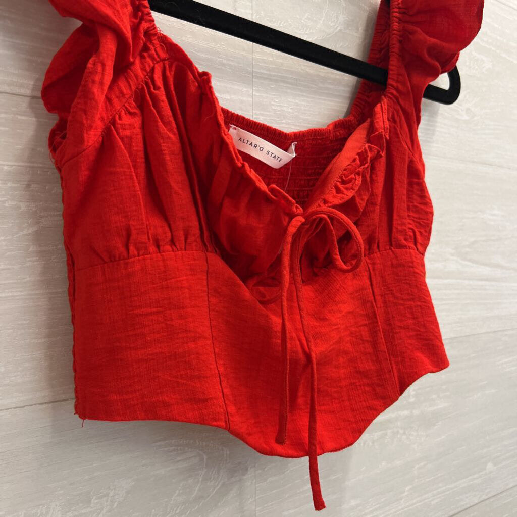 Altar'd State Red Cropped Ruffle Sleeve Top Small