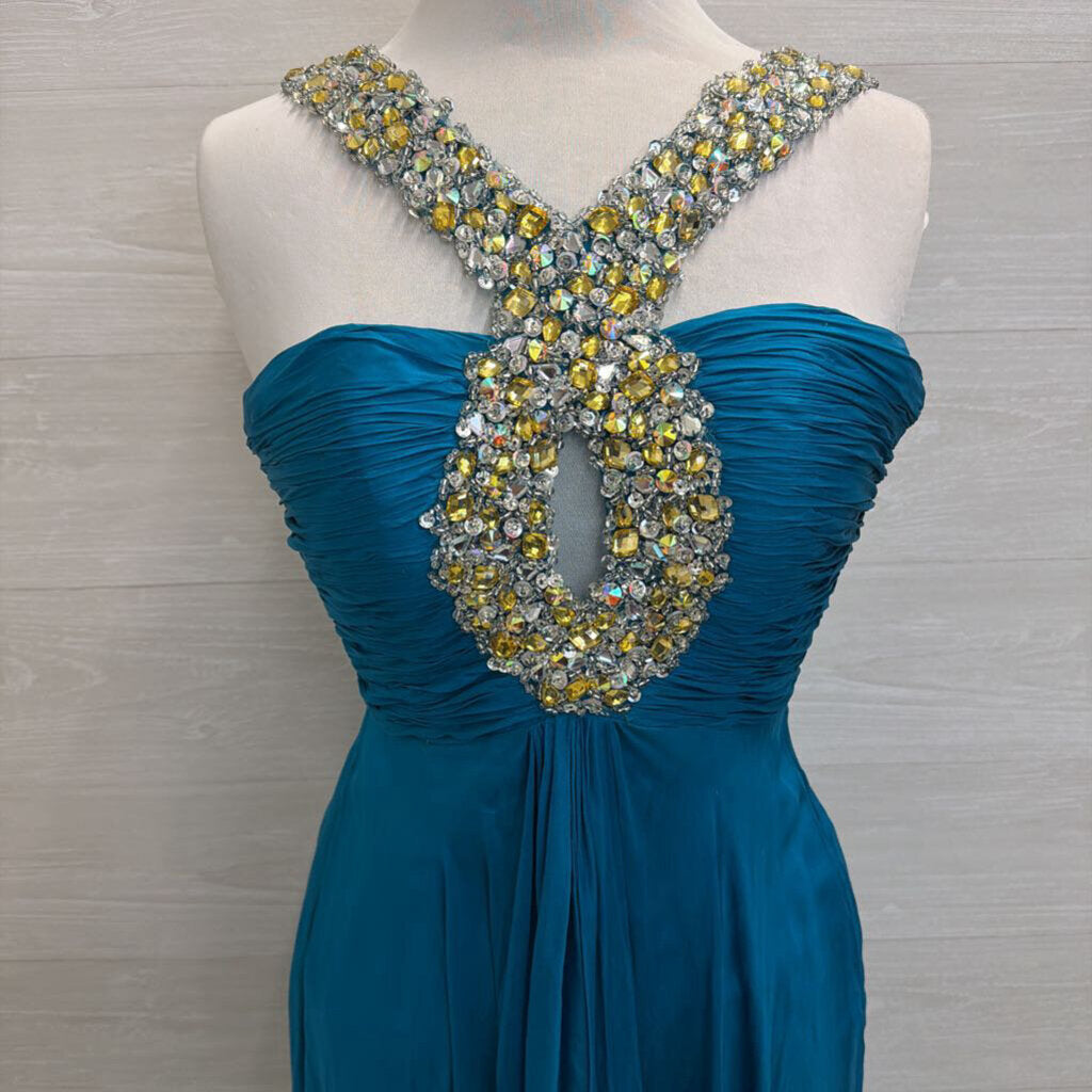 Sherri Hill Teal Beaded Halter Neck Long Formal Dress 4