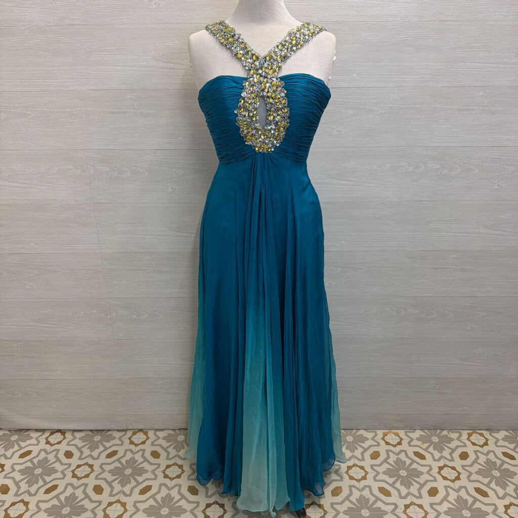 Sherri Hill Teal Beaded Halter Neck Long Formal Dress 4