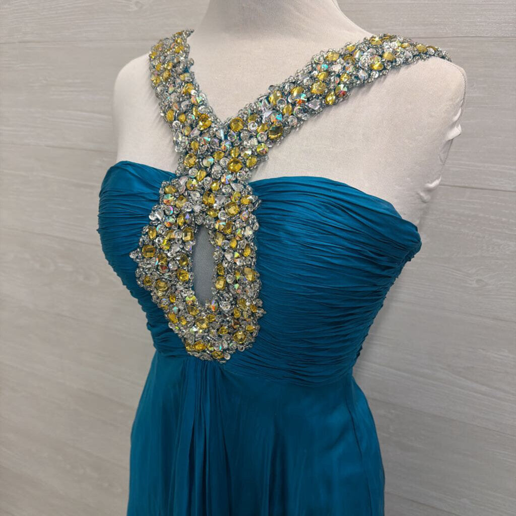 Sherri Hill Teal Beaded Halter Neck Long Formal Dress 4 – newdsalem