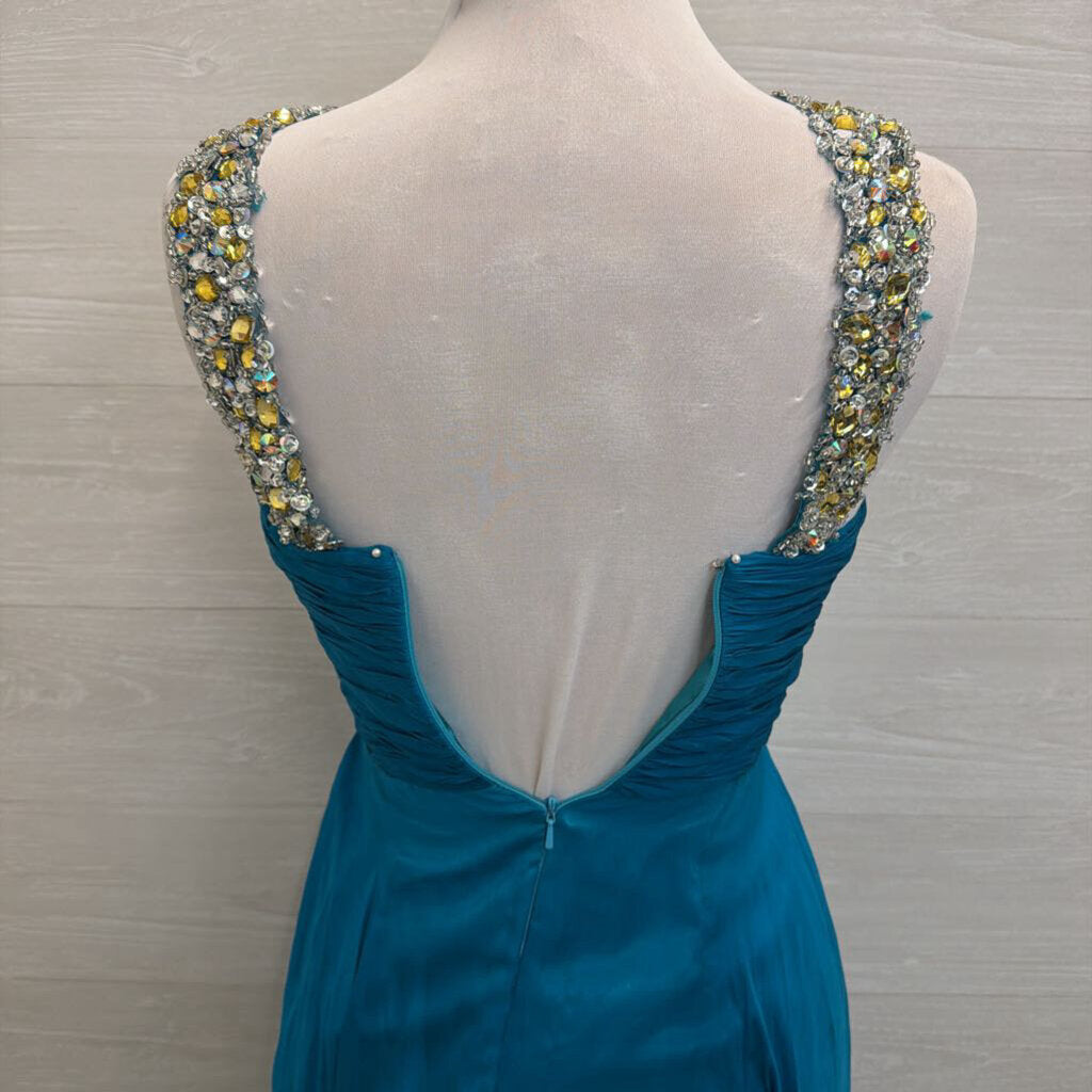 Sherri Hill Teal Beaded Halter Neck Long Formal Dress 4