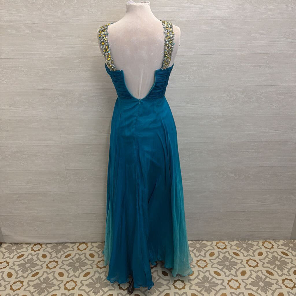 Sherri Hill Teal Beaded Halter Neck Long Formal Dress 4