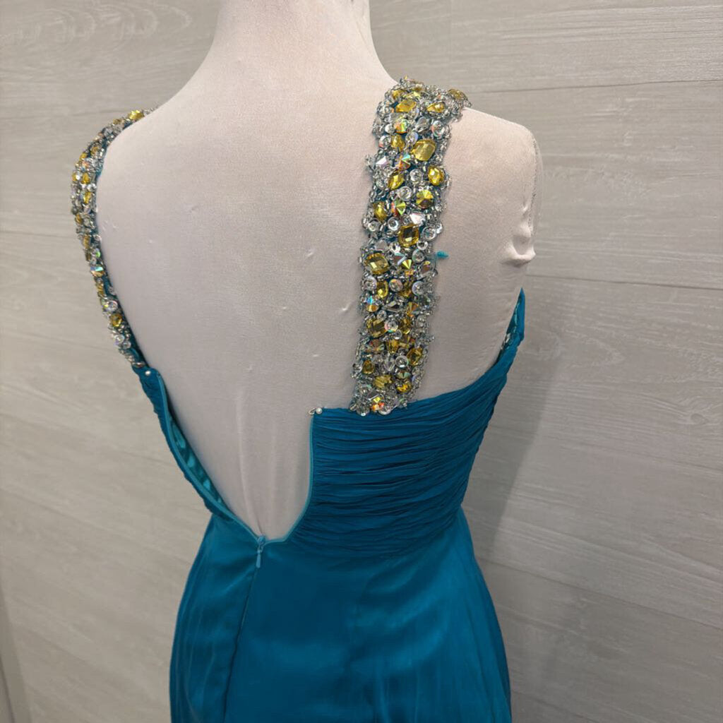 Sherri Hill Teal Beaded Halter Neck Long Formal Dress 4 Sherri Hill Teal Beaded Halter Neck Long Formal Dress 4