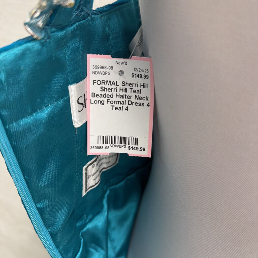 Sherri Hill Teal Beaded Halter Neck Long Formal Dress 4