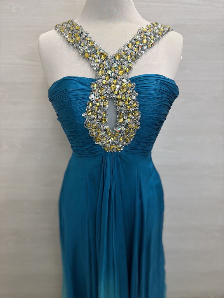Sherri Hill Teal Beaded Halter Neck Long Formal Dress 4