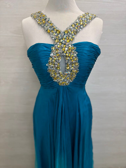 Sherri Hill Teal Beaded Halter Neck Long Formal Dress 4