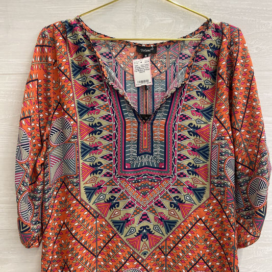 Tolani Orange/ Multi Print Long Sleeve Tunic 100% Silk Top Medium
