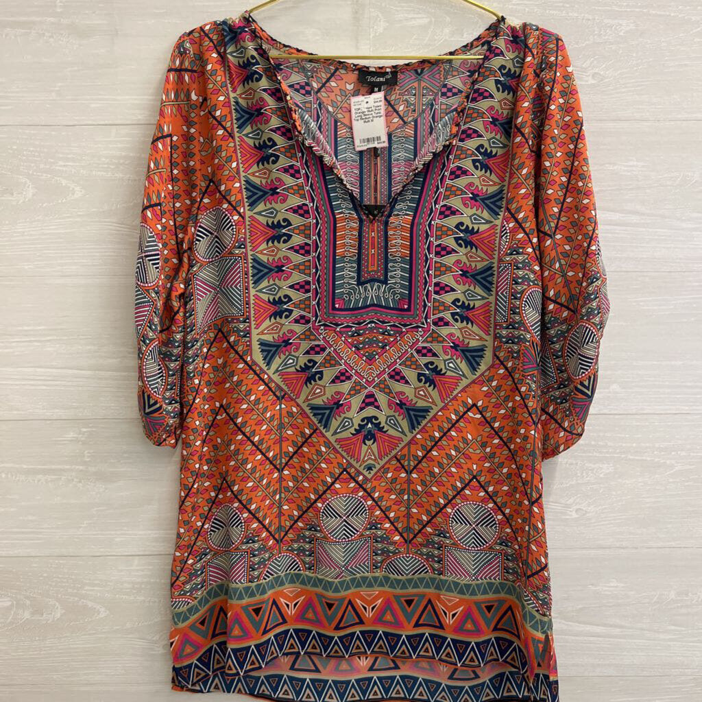 Tolani Orange/ Multi Print Long Sleeve Tunic 100% Silk Top Medium