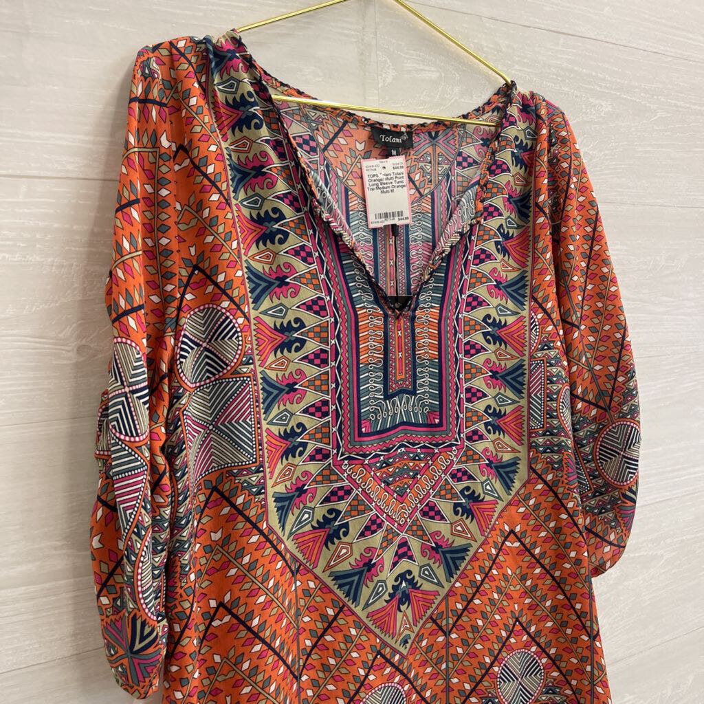 Tolani Orange/ Multi Print Long Sleeve Tunic 100% Silk Top Medium