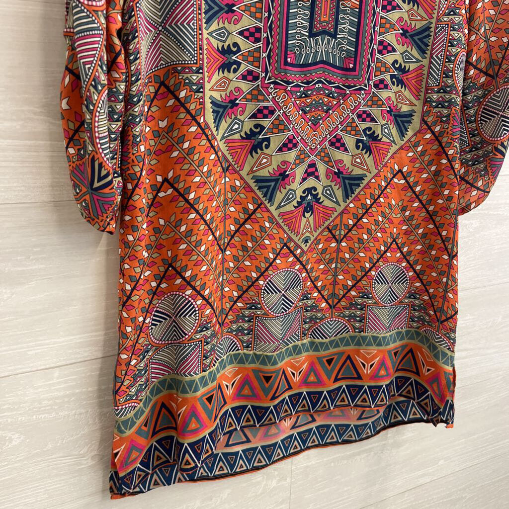 Tolani Orange/ Multi Print Long Sleeve Tunic 100% Silk Top Medium