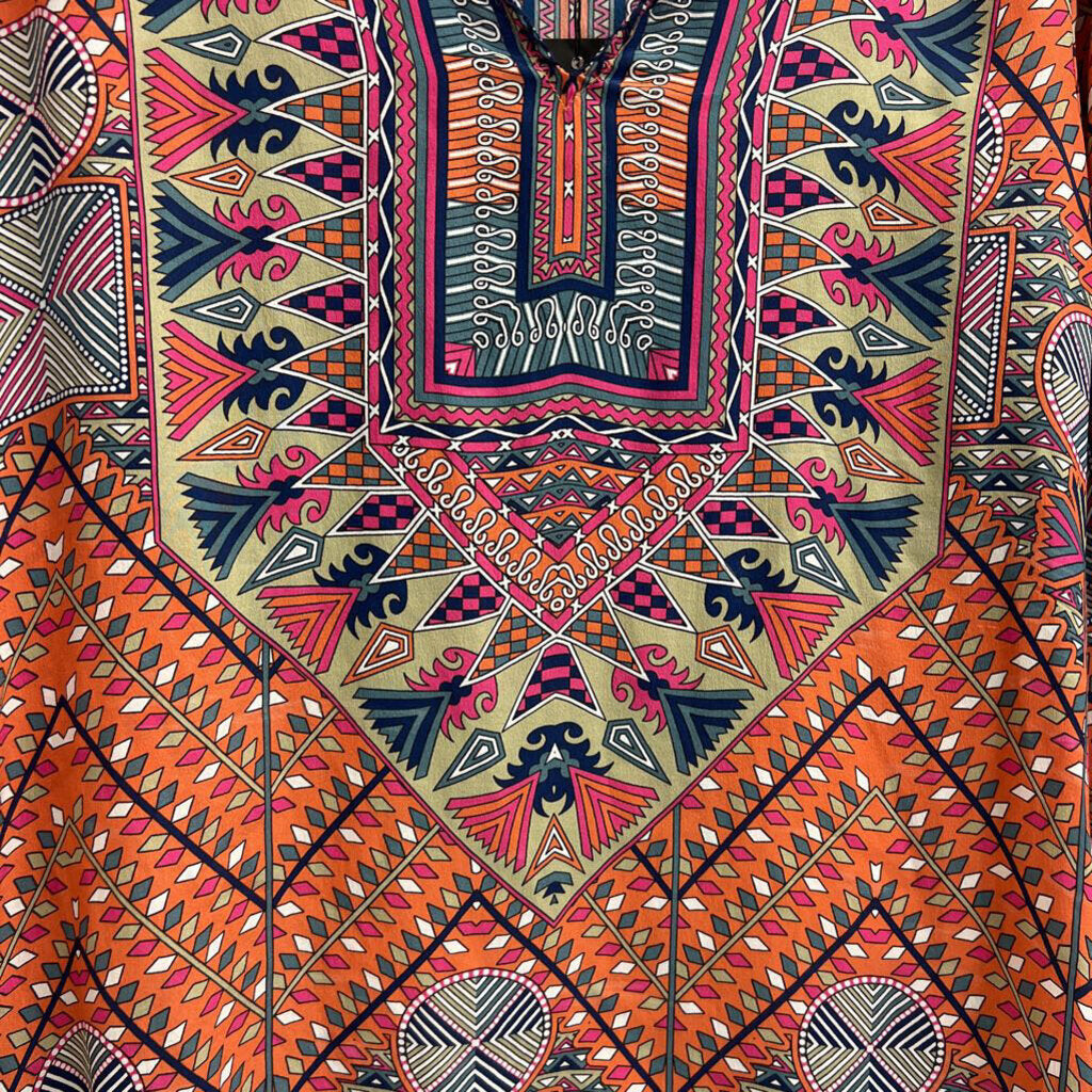 Tolani Orange/ Multi Print Long Sleeve Tunic 100% Silk Top Medium
