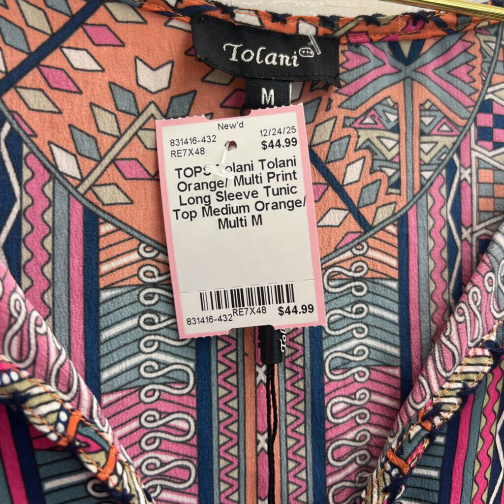 Tolani Orange/ Multi Print Long Sleeve Tunic 100% Silk Top Medium