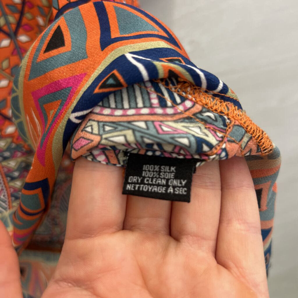 Tolani Orange/ Multi Print Long Sleeve Tunic 100% Silk Top Medium