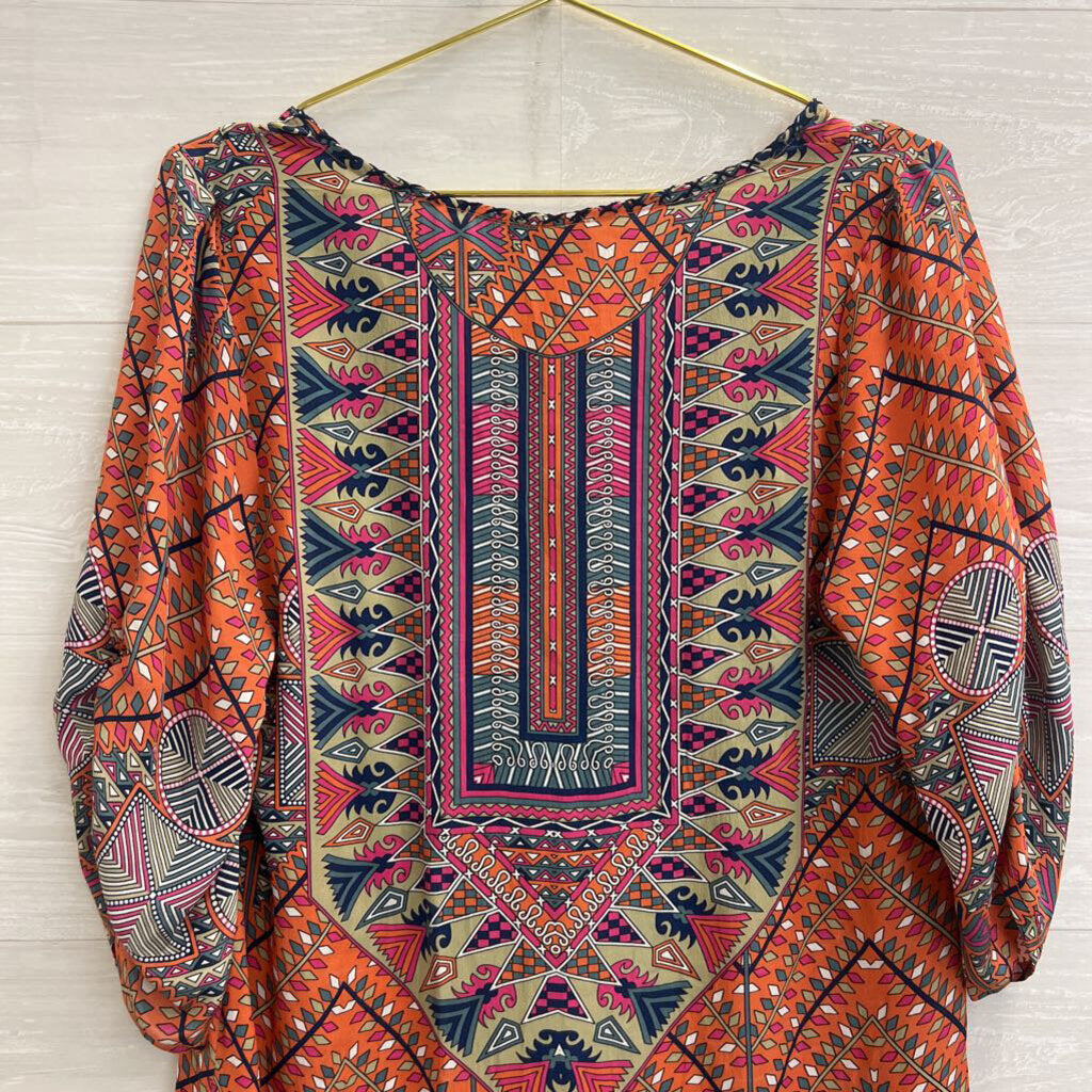 Tolani Orange/ Multi Print Long Sleeve Tunic 100% Silk Top Medium