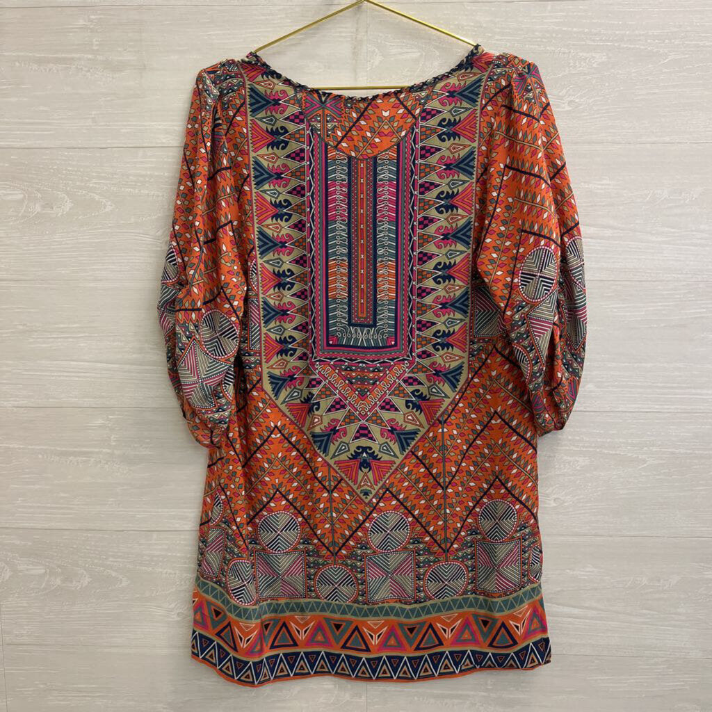 Tolani Orange/ Multi Print Long Sleeve Tunic Top Medium