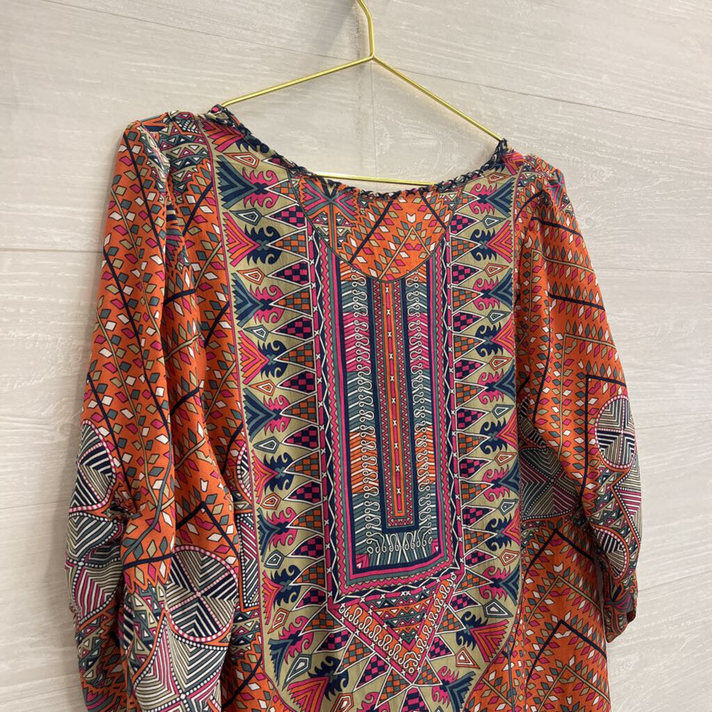 Tolani Orange/ Multi Print Long Sleeve Tunic 100% Silk Top Medium