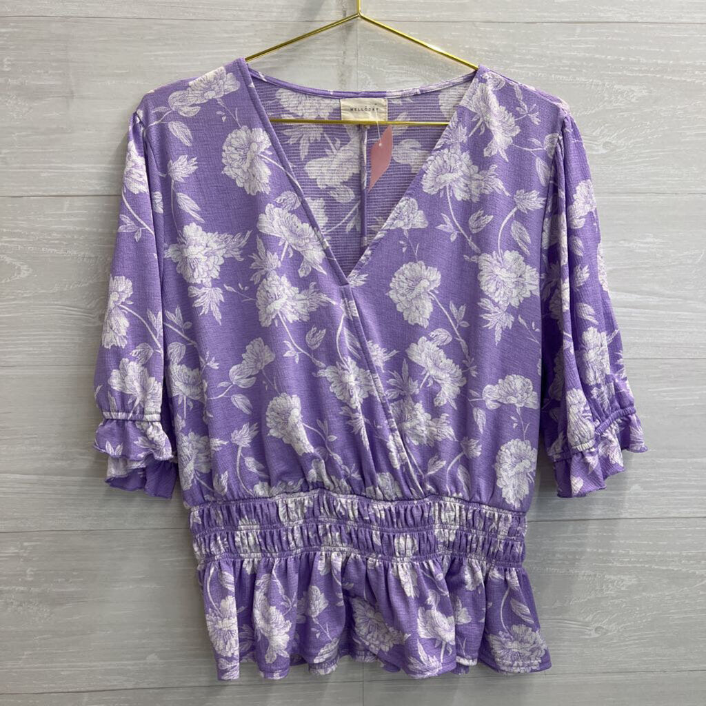 Melloday Purple/ White Floral Print Long Sleeve Top Extra Large