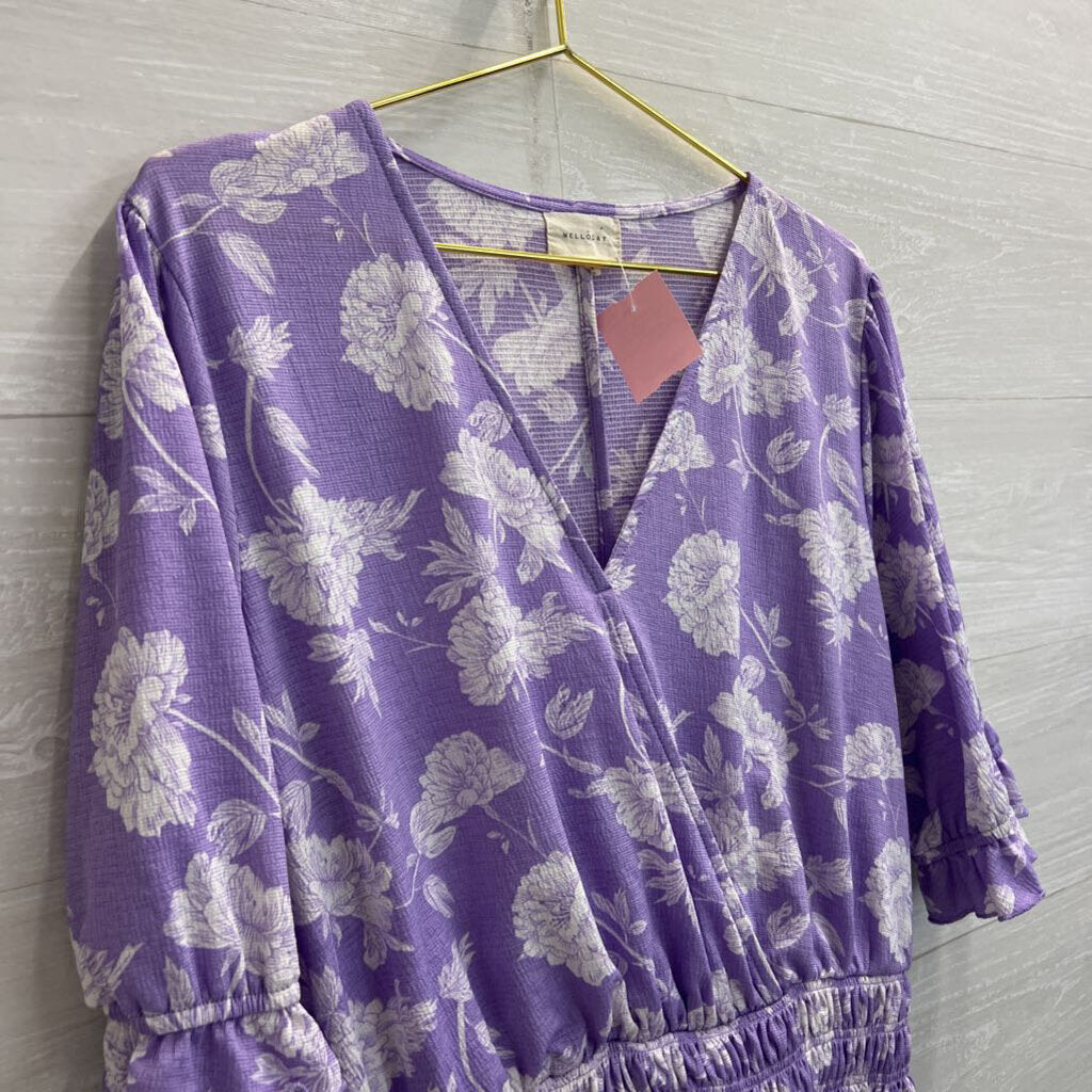 Melloday Purple/ White Floral Print Long Sleeve Top Extra Large