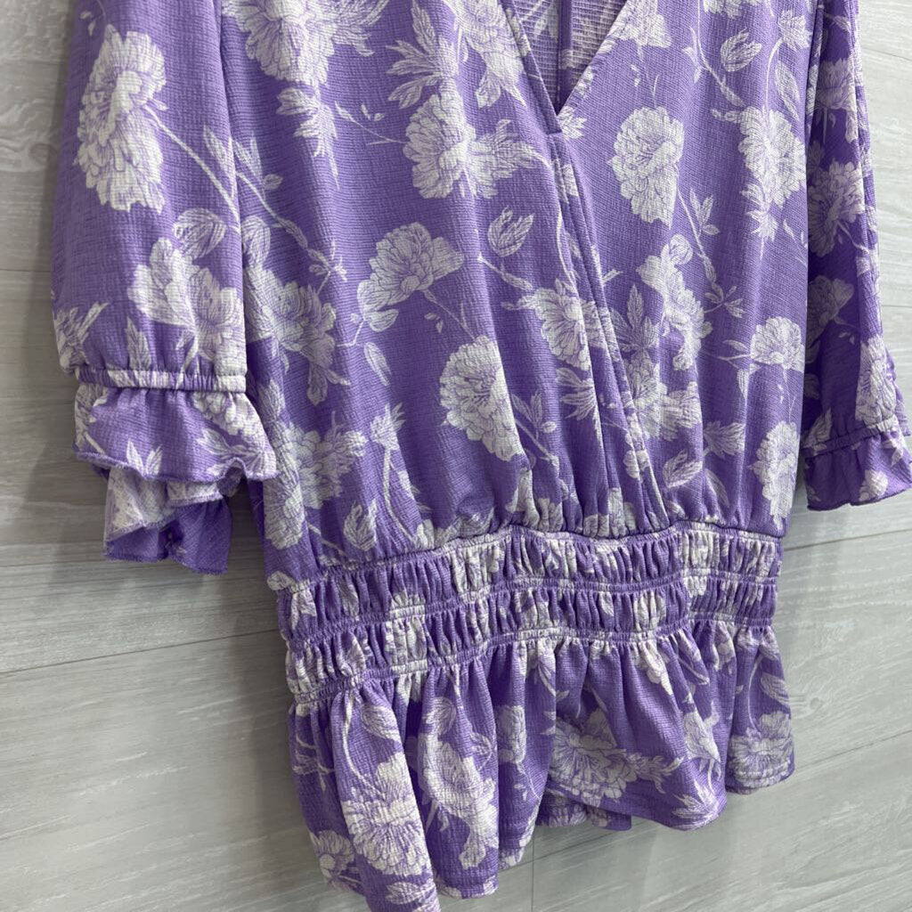 Melloday Purple/ White Floral Print Long Sleeve Top Extra Large