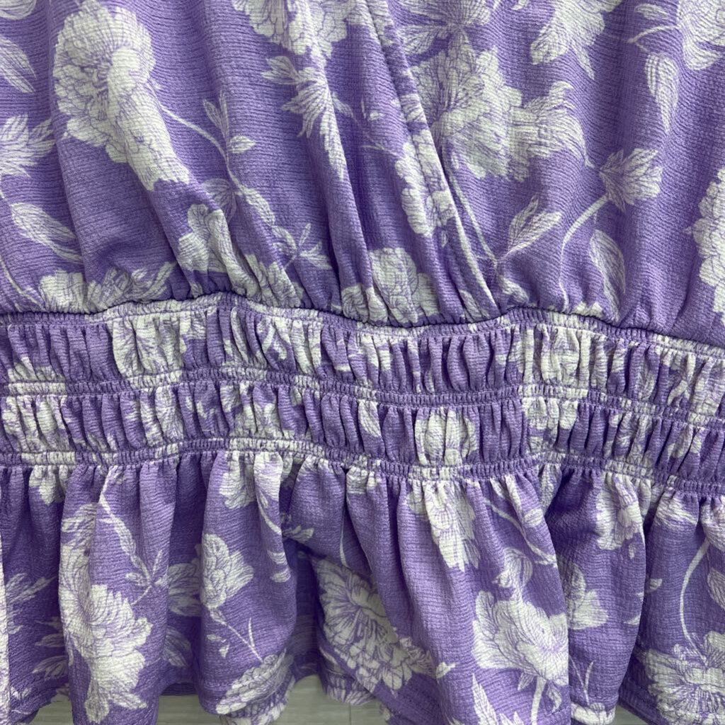 Melloday Purple/ White Floral Print Long Sleeve Top Extra Large