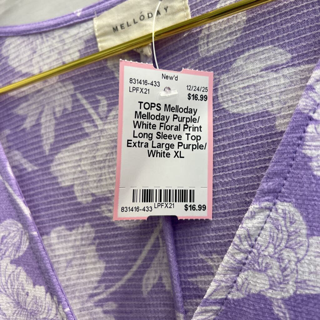 Melloday Purple/ White Floral Print Long Sleeve Top Extra Large