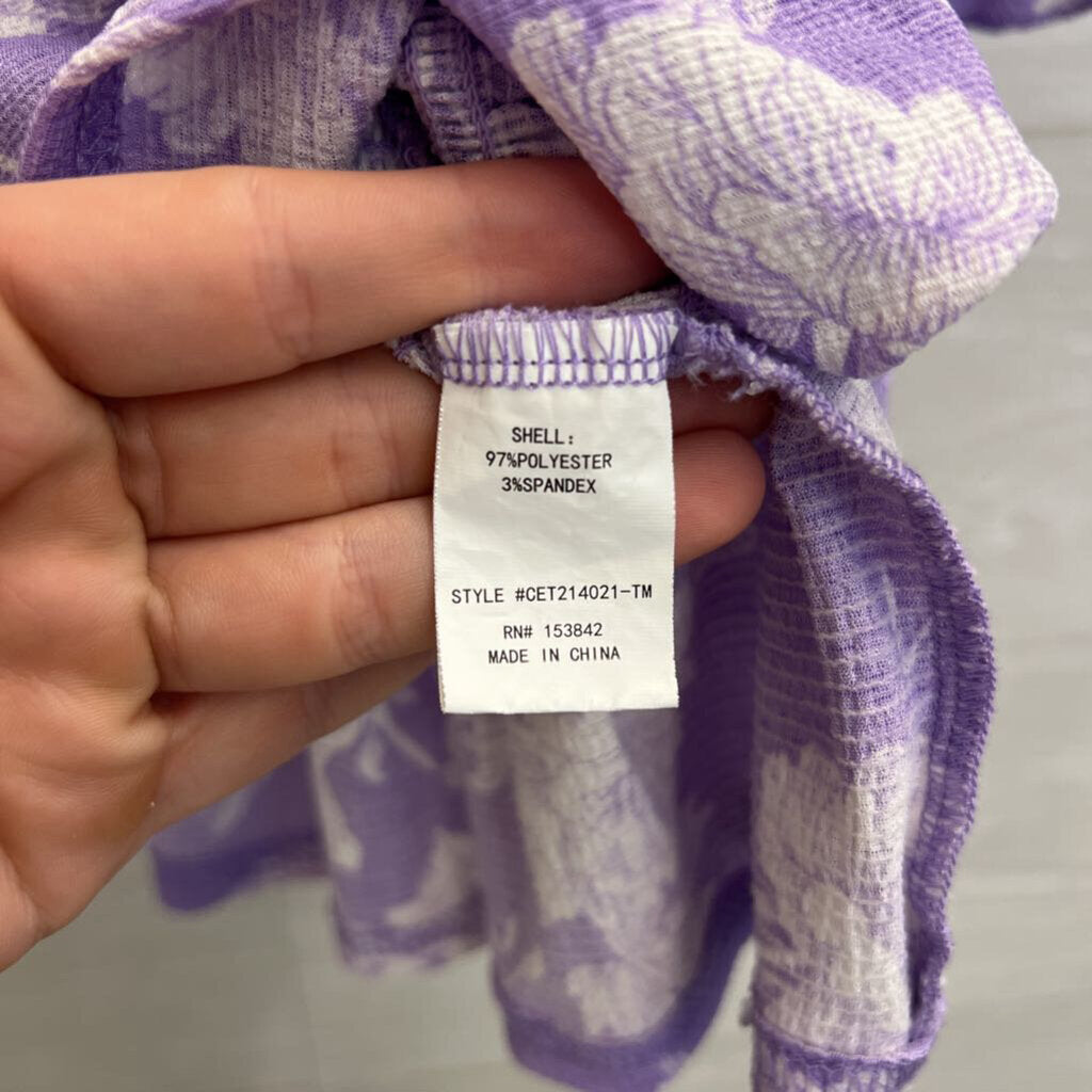 Melloday Purple/ White Floral Print Long Sleeve Top Extra Large