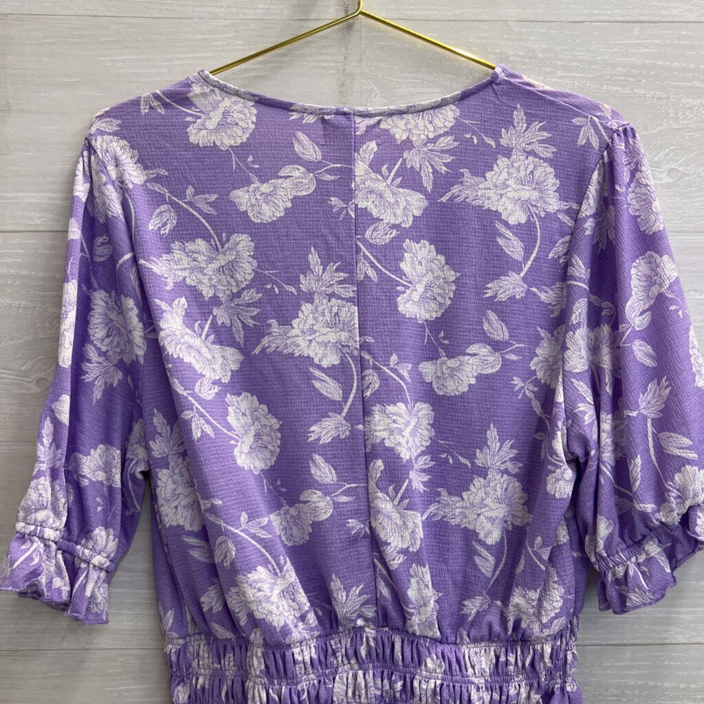 Melloday Purple/ White Floral Print Long Sleeve Top Extra Large
