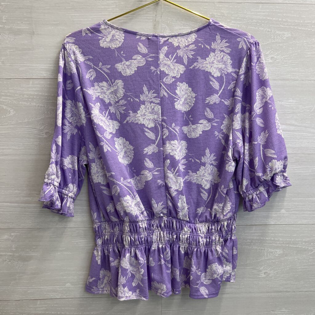 Melloday Purple/ White Floral Print Long Sleeve Top Extra Large