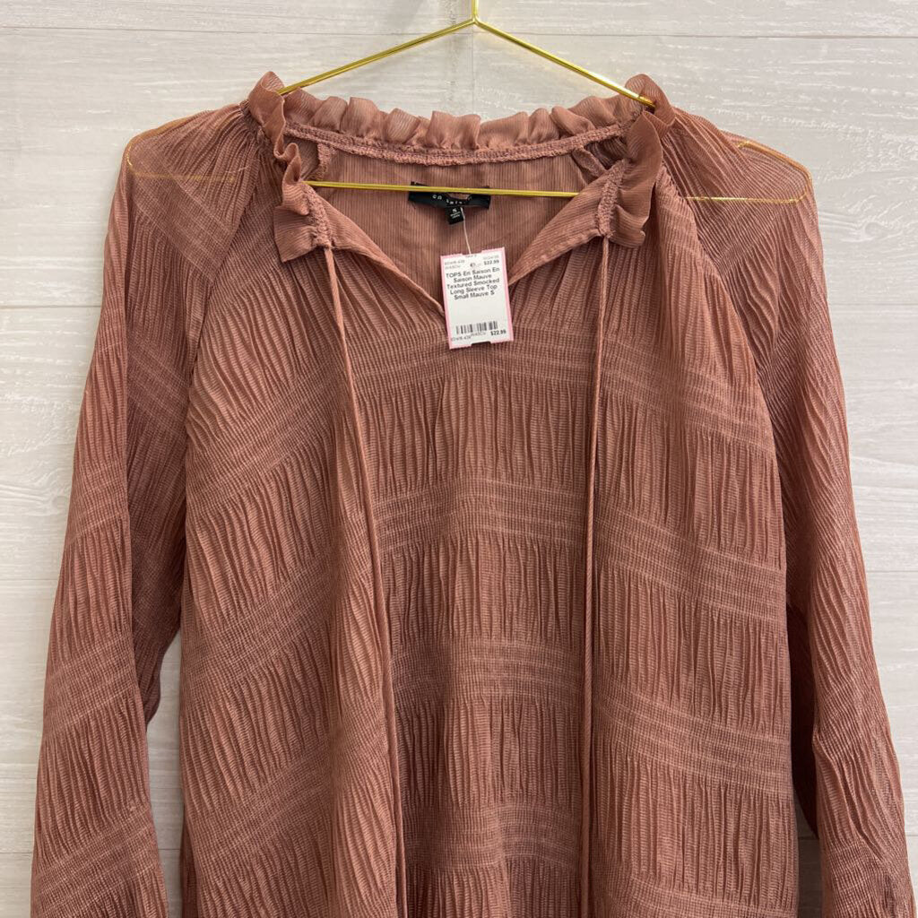 En Saison Mauve Textured Smocked Long Sleeve Top Small