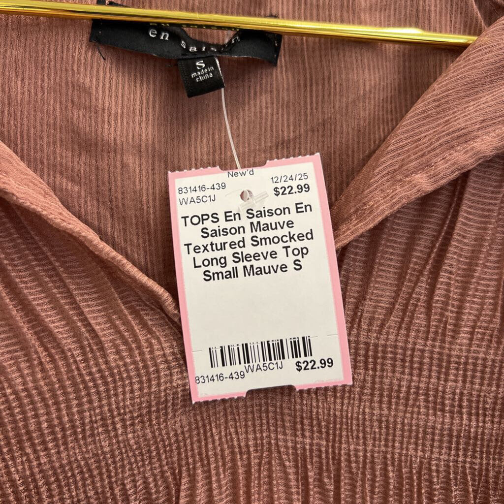 En Saison Mauve Textured Smocked Long Sleeve Top Small