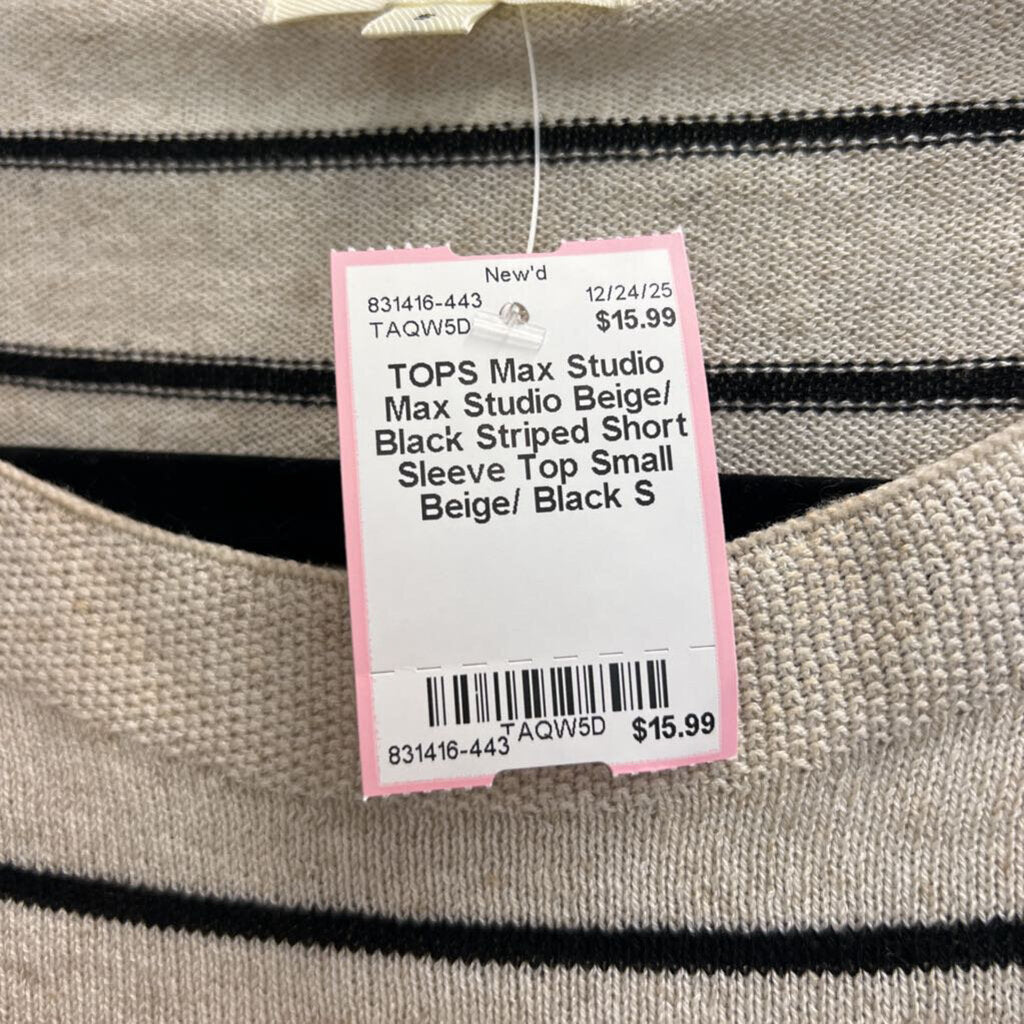 Max Studio Beige/ Black Striped Short Sleeve Top Small