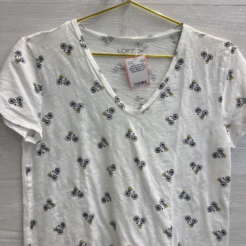Loft White Bicycle Print Short Sleeve Top Small