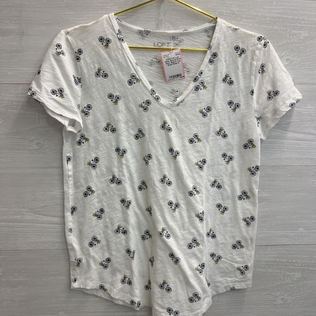 Loft White Bicycle Print Short Sleeve Top Small
